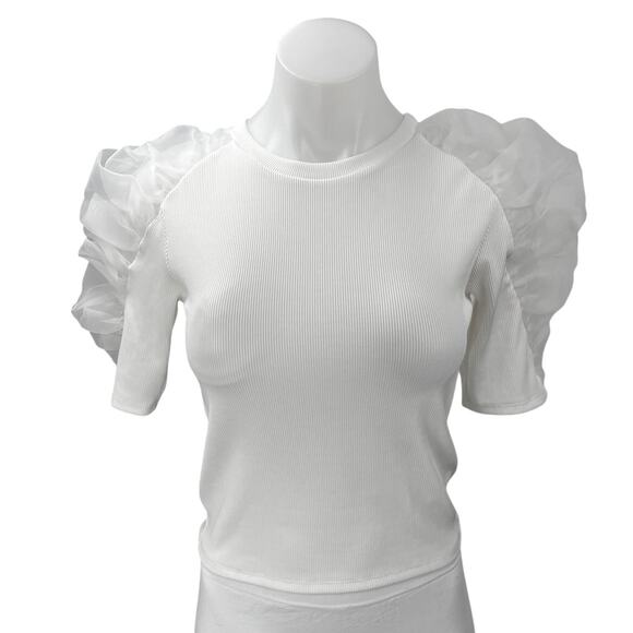 Zara Tops - Zara Women's White Puff Sleeve Mesh Ruched Ribbed Knit Pullover Blouse Top Sz S